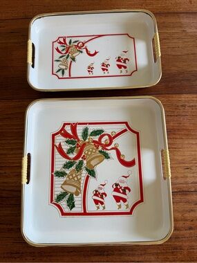 Vintage MCM Source Unknown  Holiday Santa Bell Serving Trays Wrapped Handle